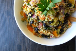 Crunchy Quinoa, Sweet Potato Salad with Lemon Maple Tahini Dressing