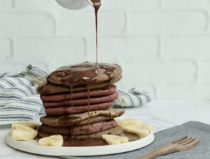 Pink Banana Oat Pancakes with Maple Cacao Drizzle